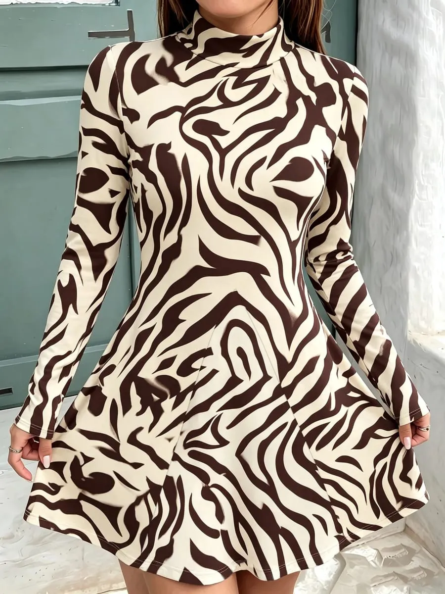 Women's Autumn Casual High Neck Mini Dress Solid Color Geometric Pattern Long Sleeved Waist Cinched A-Line Skirt