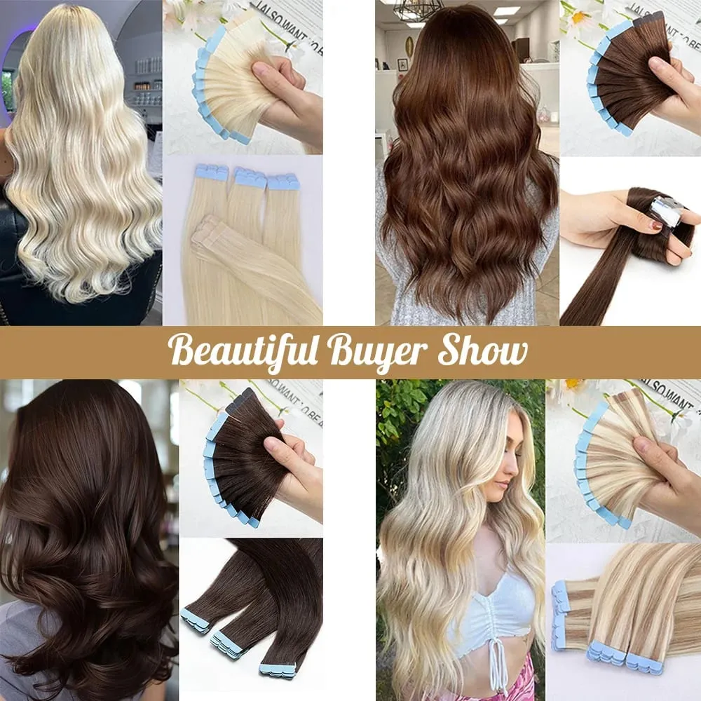 Blonde Mini-Tape-in-Haarverlängerungen, Echthaar, natürlich, glatt, schwarz, braun, doppelseitig, nahtlos, PU-Hautschuss-Tape-Ins, 10 Stück — image 4