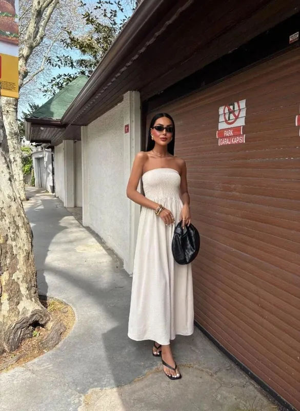 2026 New Summer Fashion Solid Color Off-Shoulder Strapless Waist-Cinching Long Dress for Women