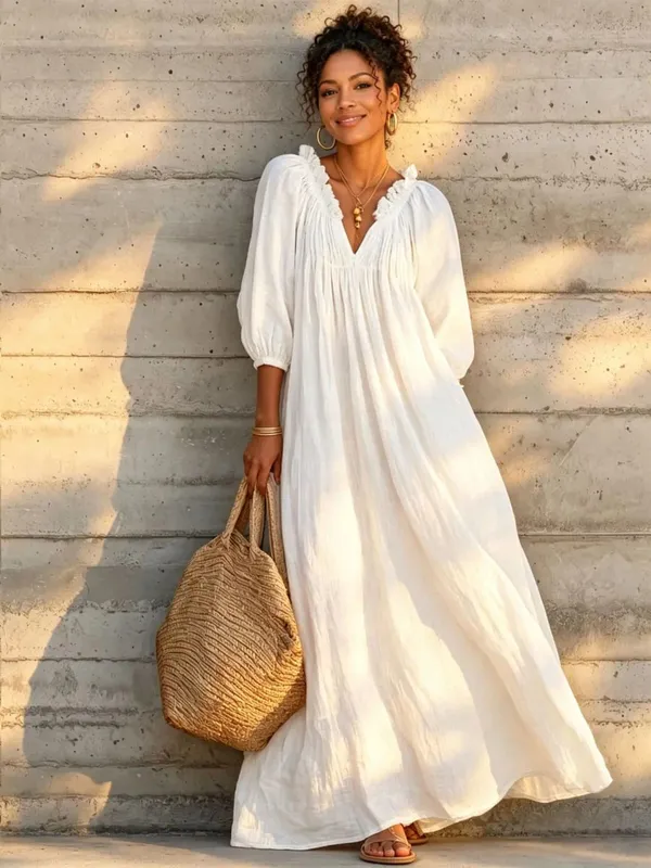Women Boho Dresses V Neck Lantern Sleeve Maxi Dress Vacation Loose Beach Cover Up Dress Spring Summer Overall Jumpsuit Playsuit