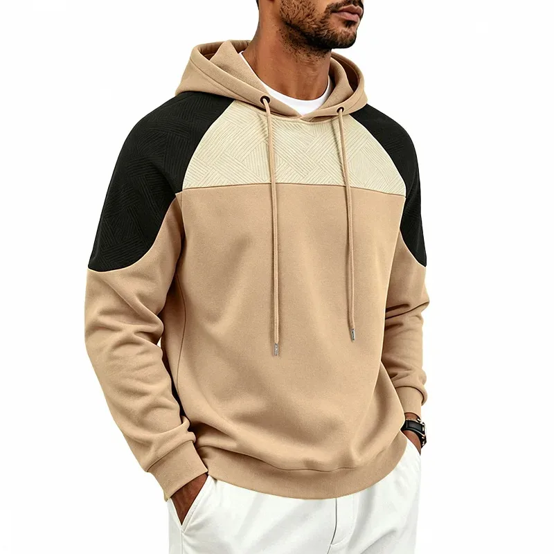 Men Patchwork Color Block Pullover Hoodie Drawstring Kangaroo Pocket Long Sleeve Loose Sweatshirt Autumn Winter Streetwear Tops