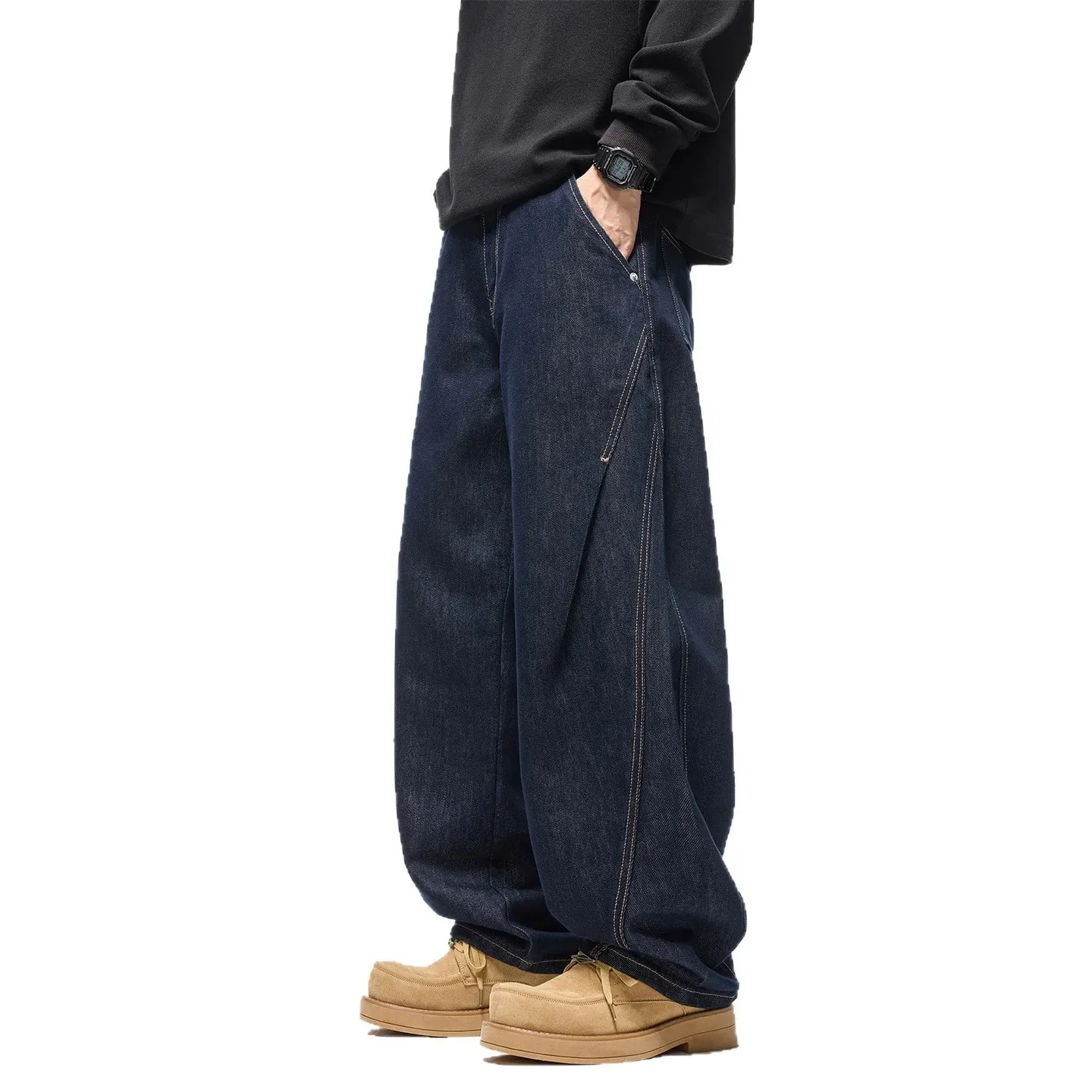 Autumn Winter 2026 New Fashion American Style Men's Dark Blue Solid Color Casual Trendy Simple Basic Wide Leg Loose Jeans Pants