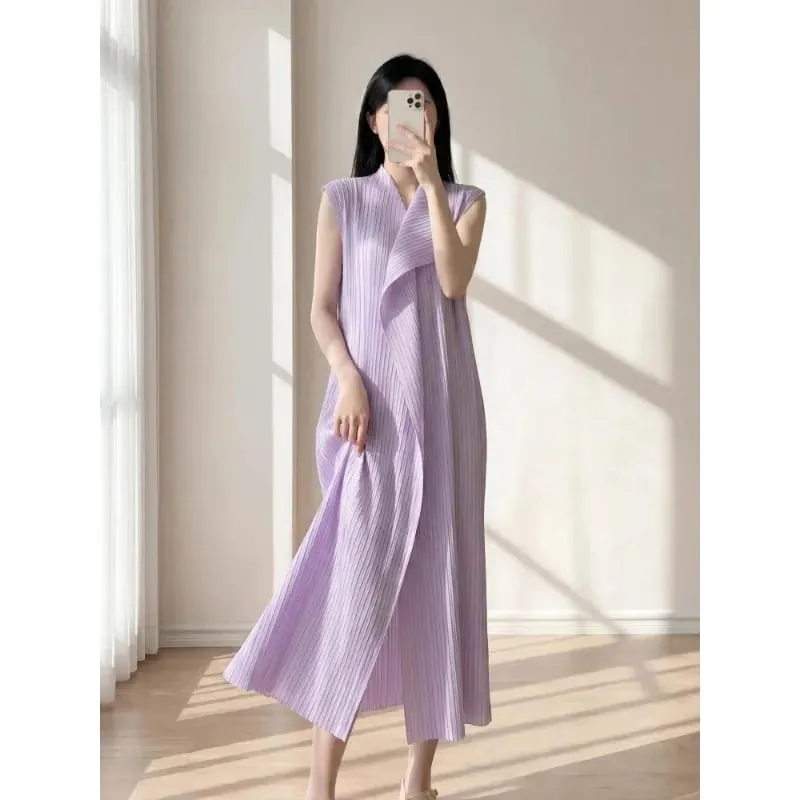 Miyake Pleated Dresses 2026 Summer New Sleeveless V-Neck Irregular Elastic Draped V-Neck Vest Elegant Women's Temperament Dress