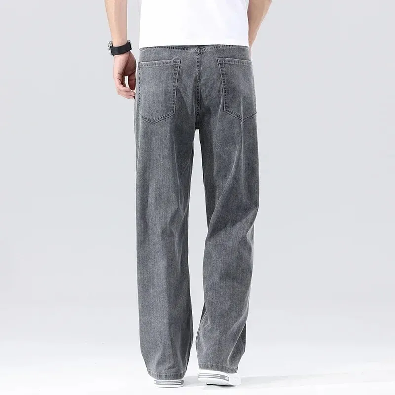 Men's Loose Jeans Summer Fashion Drape Soft Fabric Ultra Thin Pants Wide Legs Ice Silk Lyocell Business Straight Denim Trousers