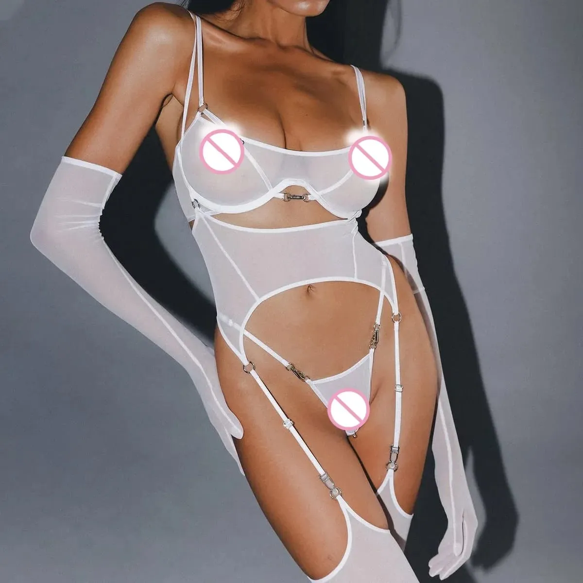 2025 Cross border Mesh Comfortable Breathable Belt with Stocking Body Shaping Ultra Thin Sexy Split Five Piece Set