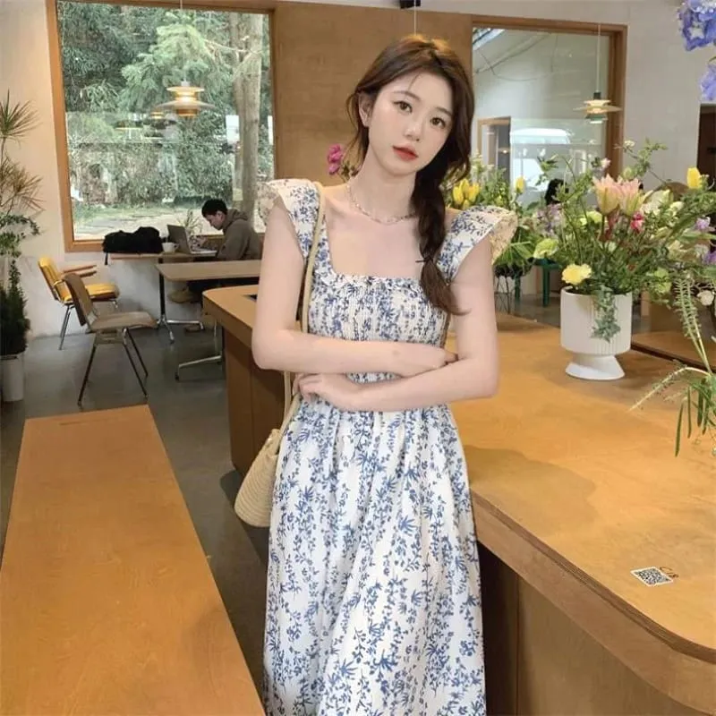 2026 New Gentle Floral Print Strap Dress Women Summer Cute Small Size Spicy Girl Style Long Dress Vacation Style Gathered Wai...
