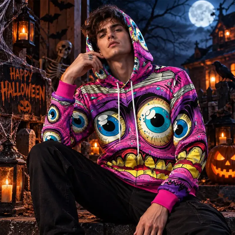 Halloween Horror Monster Eyes 3D Print Hoodie Autumn Fun Mummy Graphic Pullover Y2K Men Women Holiday Party Cosplay Sweatshirt