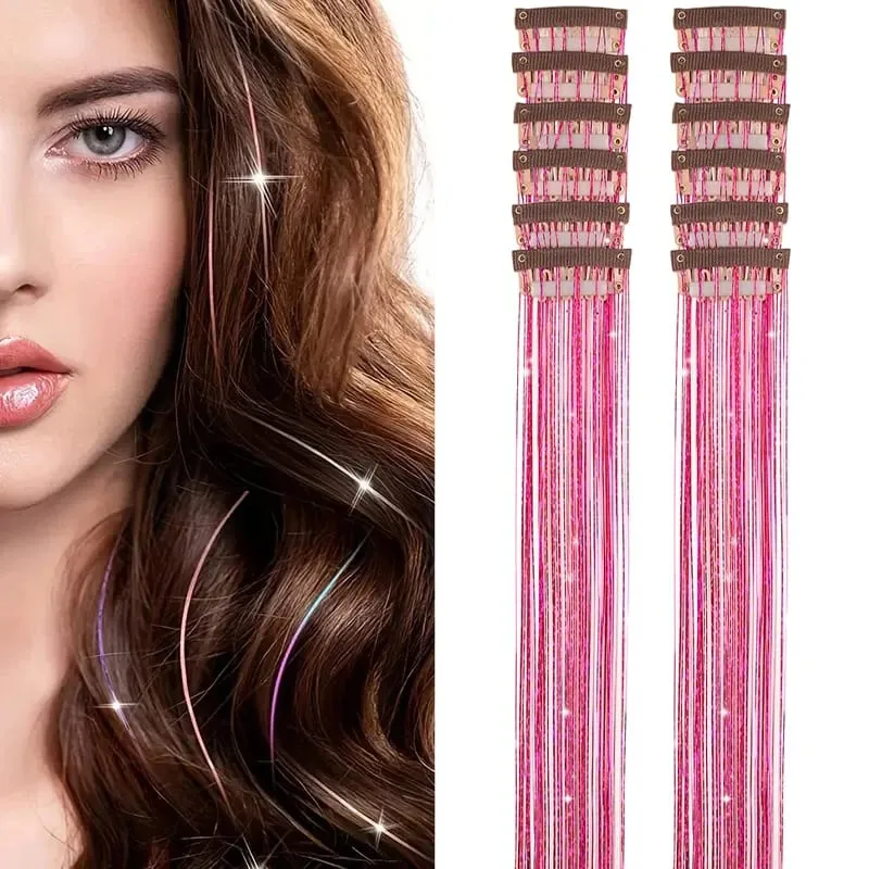 12 Pcs Colorful Clip in Hair Tinsel Extensions Fairy Glitter Hair Accessories synthetic 20‘’ Party Kit for Women Girls Kids