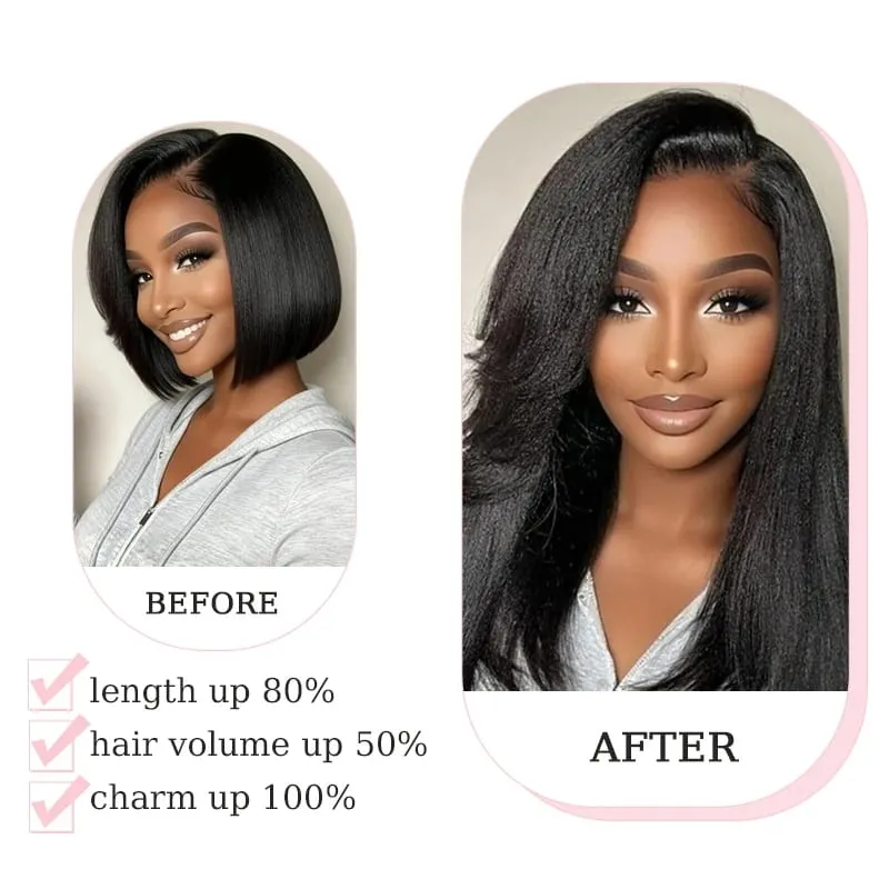 7Pcs Clip in Hair Extensions Wig Synthetic Black Yaki Straight Hair Extensions with BB Clip Fluffy Hairpiece for Women Daily Use
