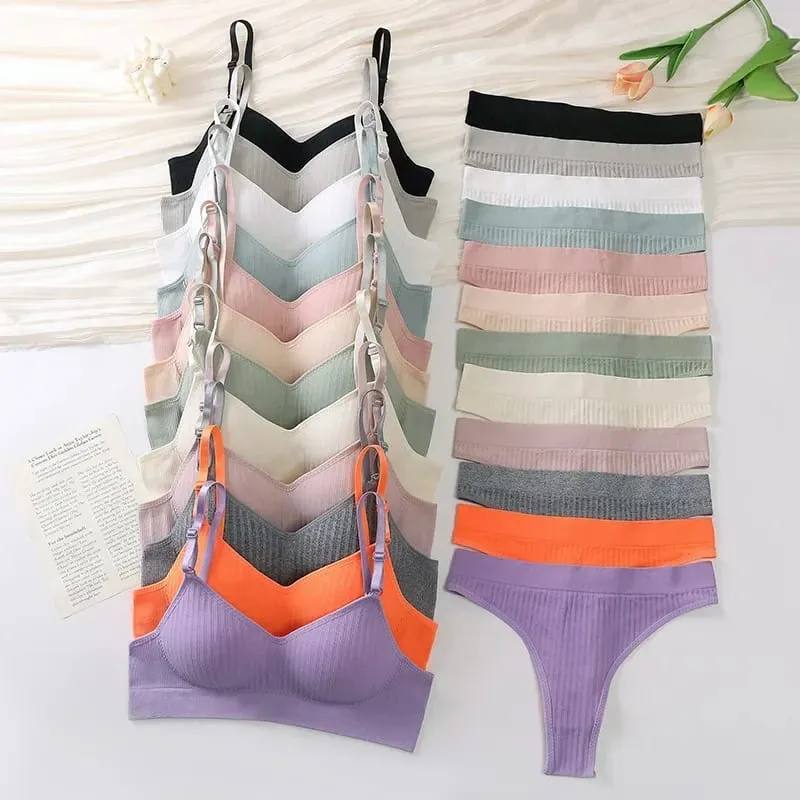 Women Seamless Bra Set High Waist Thong Panties Female Nonwire Brassiere Comfy Soft Sports Bras Underwear Set Sexy Lingerie Set