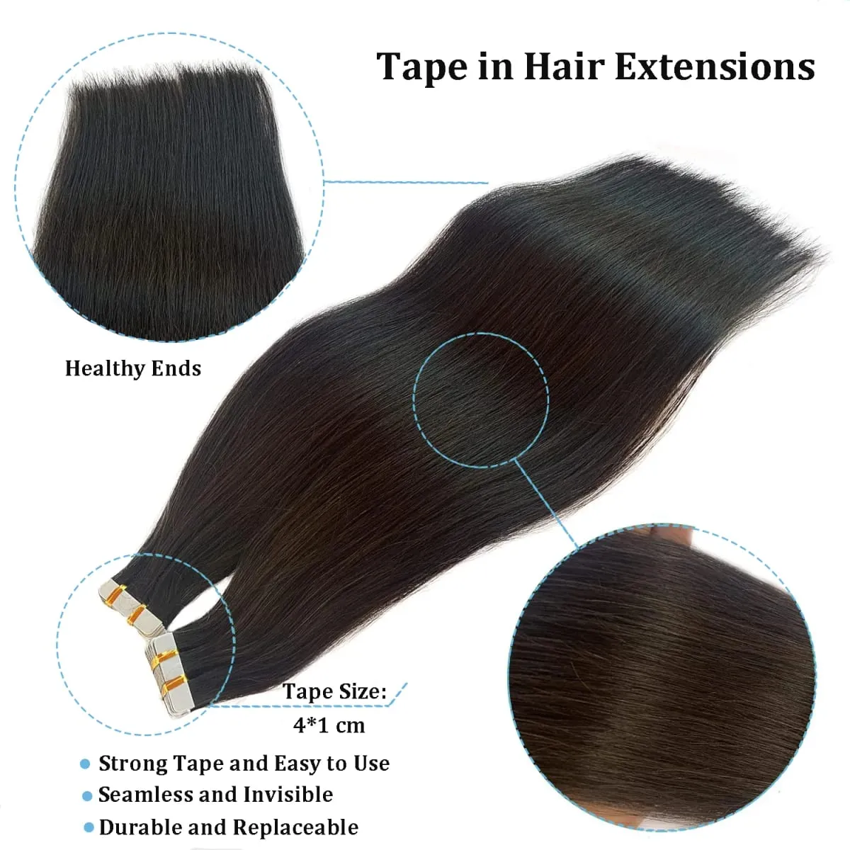 Natural Color Tape In Hair Extensions Human Hair Silk Straight Seamless Invisible Tape 20Pcs for Women Salon High Quality
