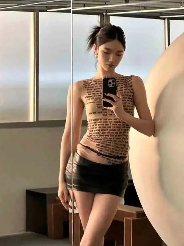 Fashion Trendy Round Collar Sleeveless Tank Mesh Sexy Article Print Slim Casual Top Women Hipster Wear