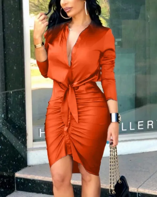 Kadın Uzun Kollu V Yaka Midi Elbise Dantelli Bodycon Gömlek Elbise Bel Kravatlı Asimetrik Etek Parti Kulübü Akşam Giyim için