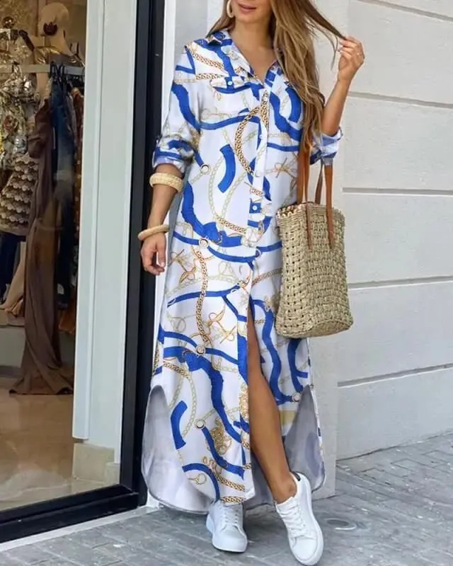 Robe longue en Denim pour femmes, manches longues, chemise, avec poches, boutons, imprimée, décontractée, ample, nouvelle collection automne 2023
