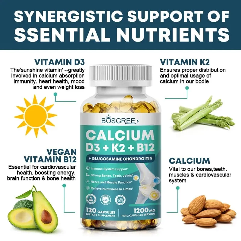 Calcium D3+K2+B12 Capsules-Immune and Muscle Health Support-Promote Bone and Tooth Health Replenish Joints-D3 K2 Supplements