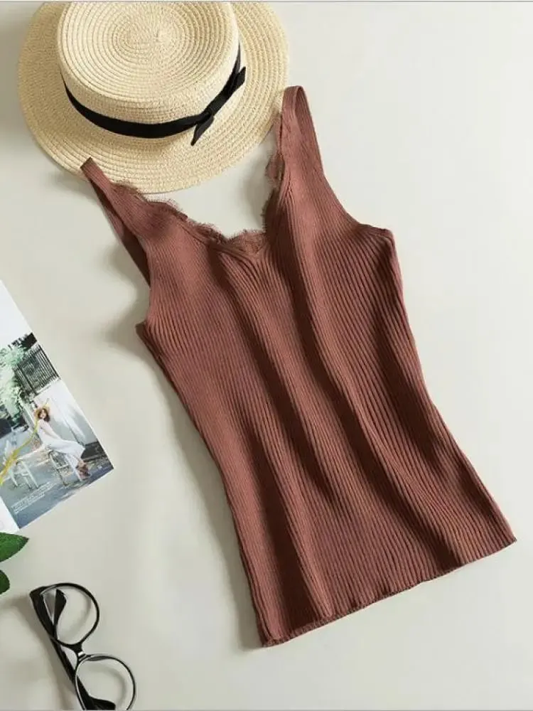 2026 Summer Casual Tops Solid Stitching V-neck Camis Women Hook Flower Lace Tank Female Knitted Short Slim Sleeveless Shirt