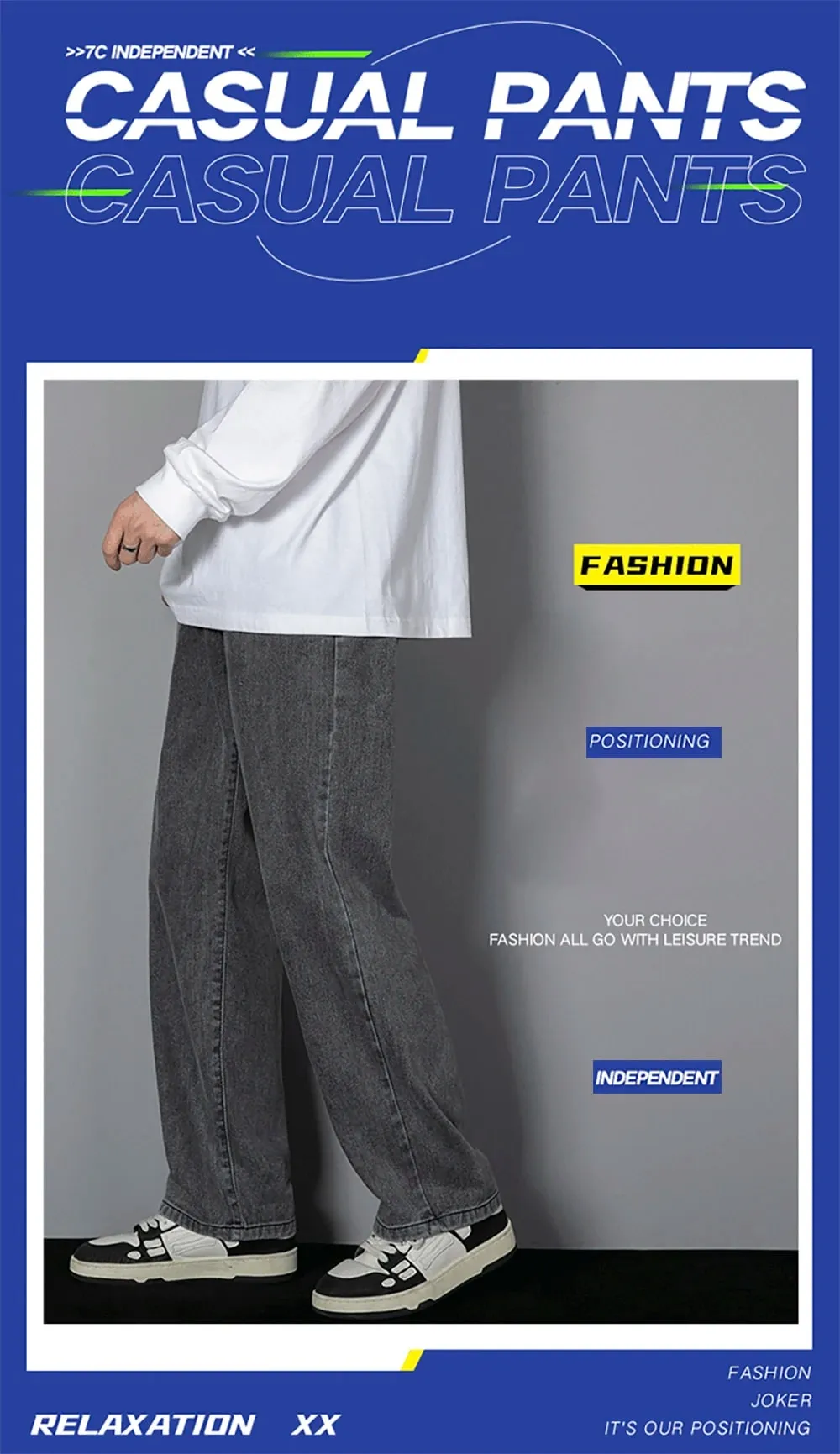 Jeans Panjang Kasual Pria Warna Solid Korea Celana Lebar Denim Lurus Empat Musim Pria Klasik Celana Lebar Biru Muda Abu-abu Hitam 3XL
