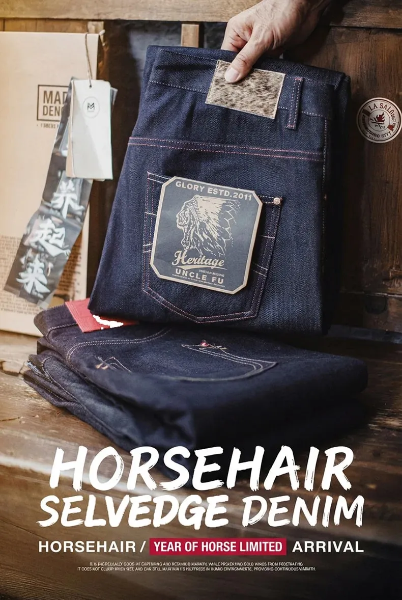 Maden Men's 100% Cotton Vintage Selvedge Raw Denim Jeans with Horse Hair Leather Patch Straight Trousers for Spring Fall Pants