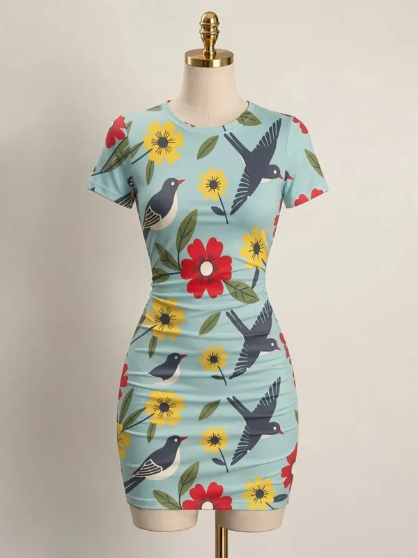 Pakaian Mini Bodycon Lengan Pendek Wanita Slim Fit Leher Krew Cetak Bunga Kasual Pesta Musim Panas Comel Regangan Bergaya Sundress