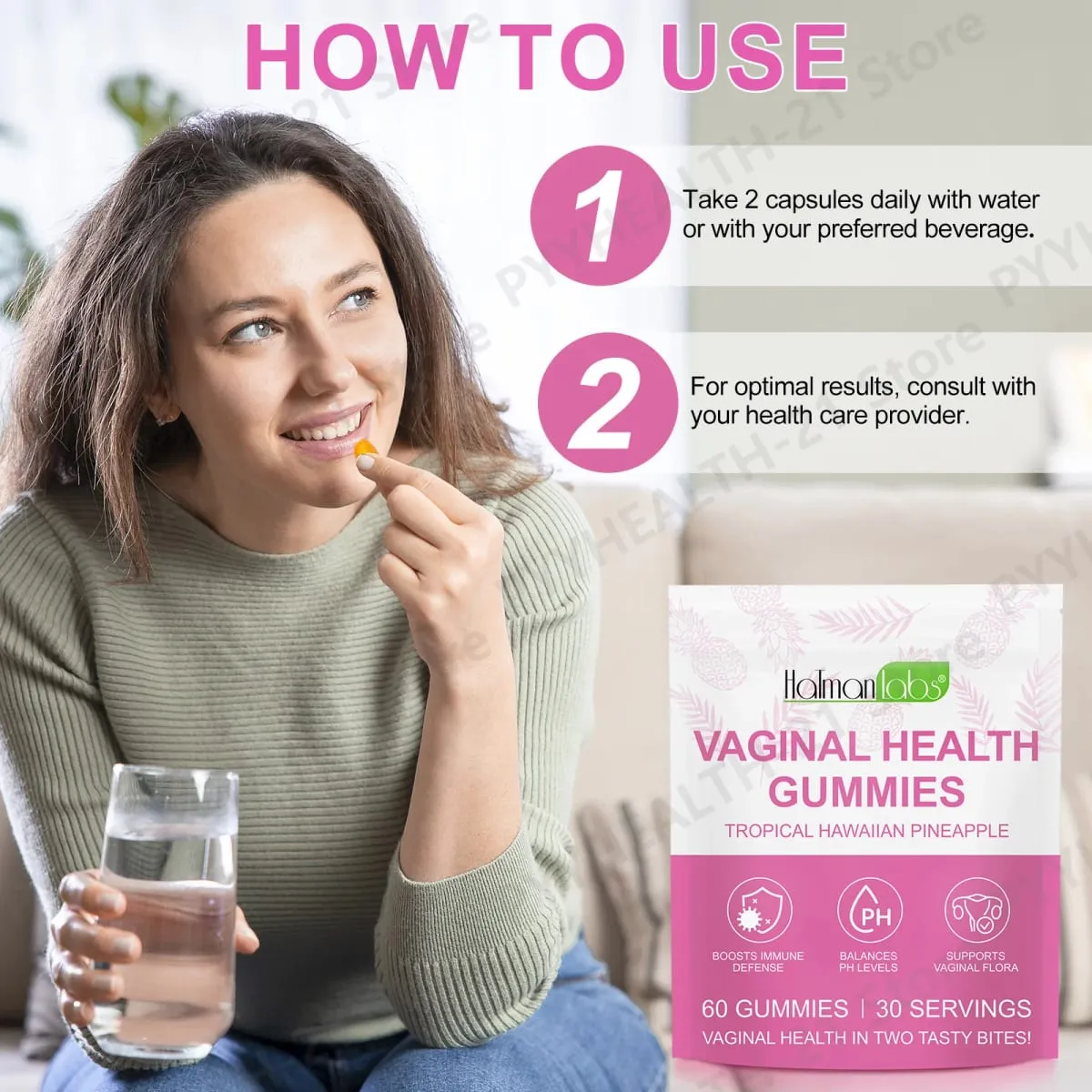 HalmanLabs Vaginal Health Gummies Probiotic Vitamin C Balance PH Levels Support Flora Immune Defense 60 Count Pineapple Women