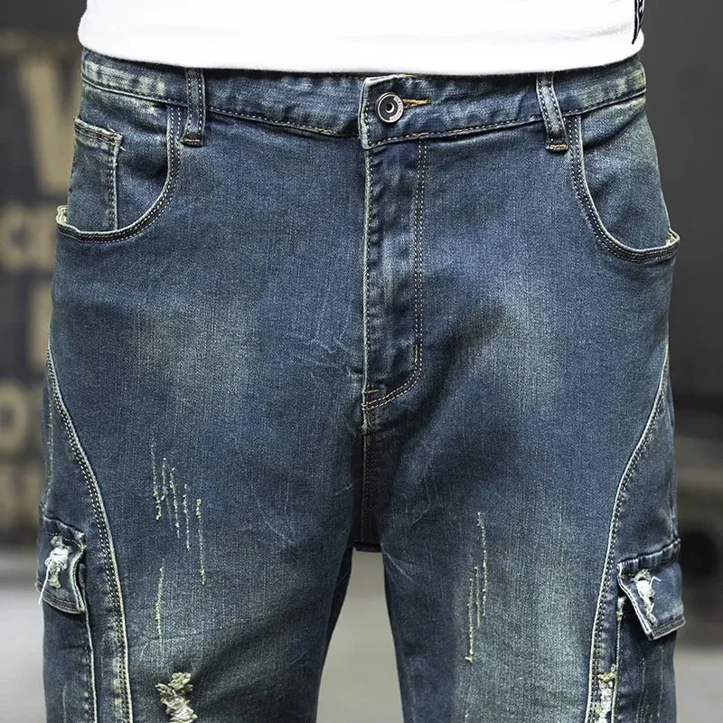 Cargo Man Denim Shorts Knee Length Half Long Bermuda Short Jeans Pants for Men with Pockets Blue Luxury Jorts Thin Streetwear