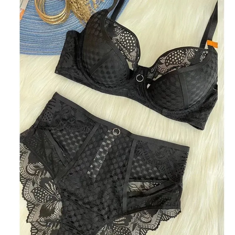 high quality lace bras and brief two piece set for women push up B C D cup hollow out wire summer lingerie underwear black white