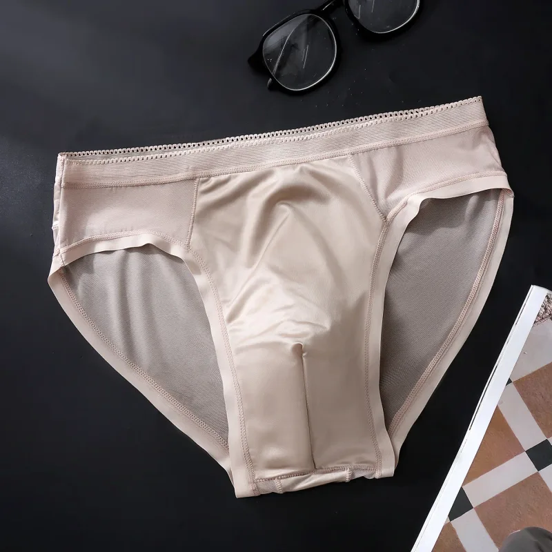 Male Glossy Silk Satin Briefs High Rise Lace Trim Ice Silk Underwear Soft Breathable U Pouch Men Panties