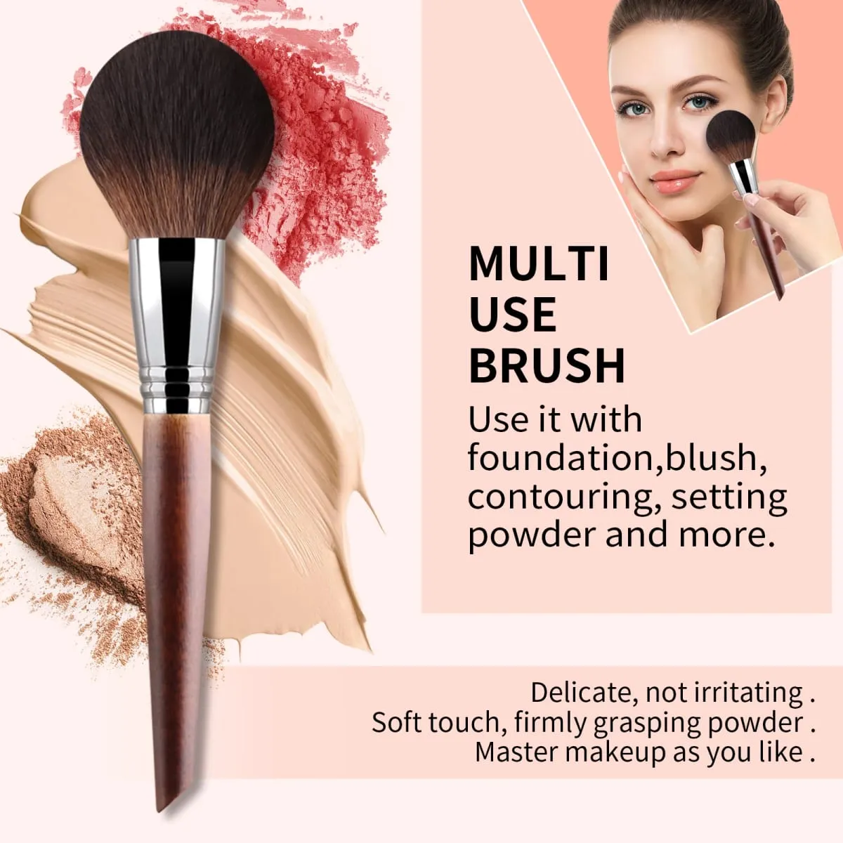 3Pcs Solid Wood Handle Powder Brush Set Round Setting Powder/Angled Contour/Flame Blush Brush Synthetic Fiber