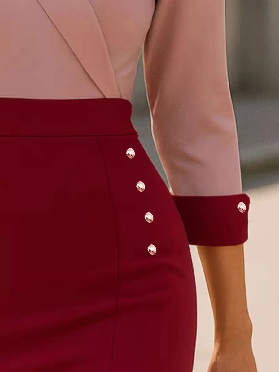 Womens Sexy Deep V Neck 2/3 Sleeve Work Attire Autumn Knee Length Button Business Casual Party Bodycon Pencil Dress