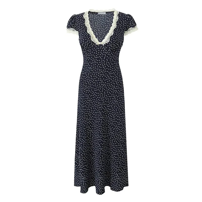 2025 vestido largo de lunares azul marino para mujer, vestido largo con ribete de encaje y cuello en V, manga corta, corte en A, vestidos elegantes para vacaciones, vestido Maxi de verano