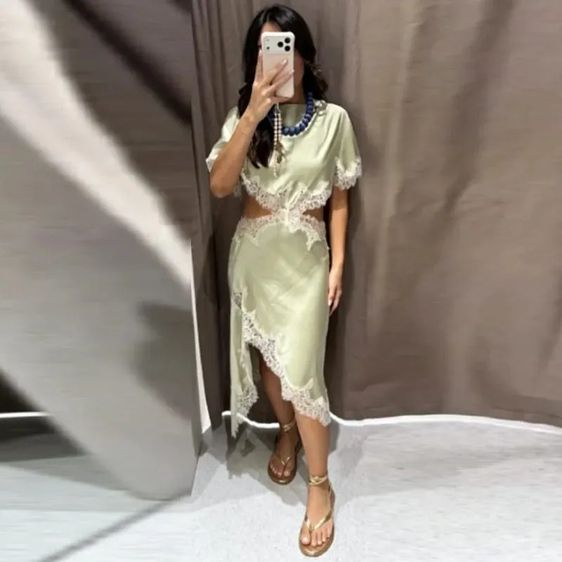 Asymmetric Satin Lace Dress Women's Dress Summer 2026 Sexy Midi O-Neck Batwing Short Sleeve Cut Out Vestidos Party Dresses
