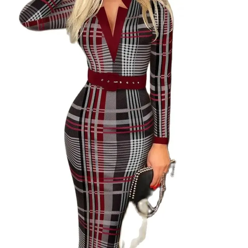 Dames sexy midi-kokerjurk met geometrisch patroon, V-hals en riem, gebreide bodycon-jurk met lange mouwen, geschikt voor alle seizoenen