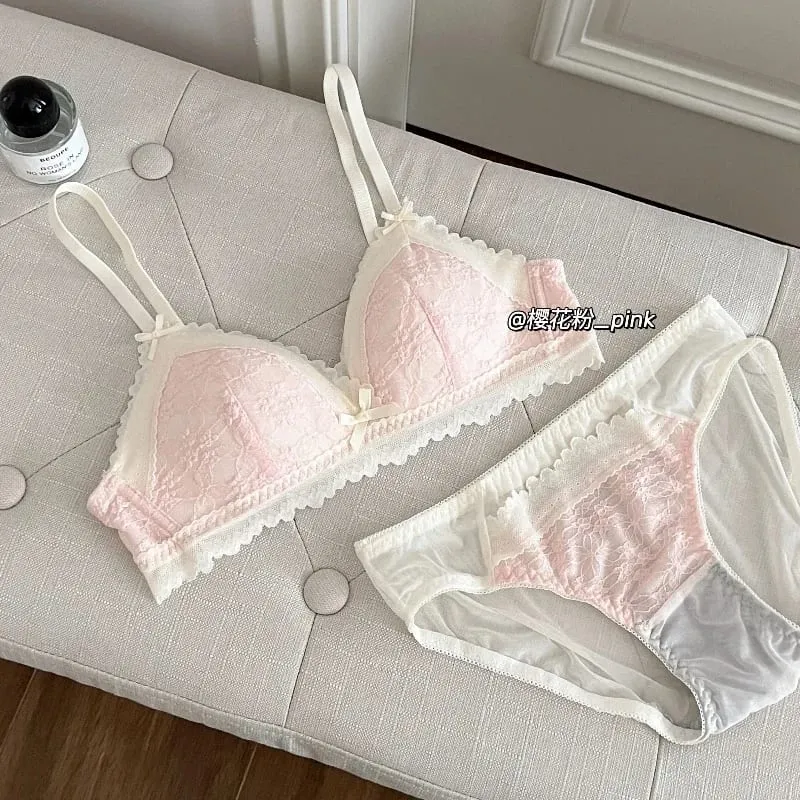 작은 가슴을위한 일본식 Bralette 무선 레이스 브래지어 세트 여성 섹시한 프랑스어 통기성 컴포트 속옷을 밀어