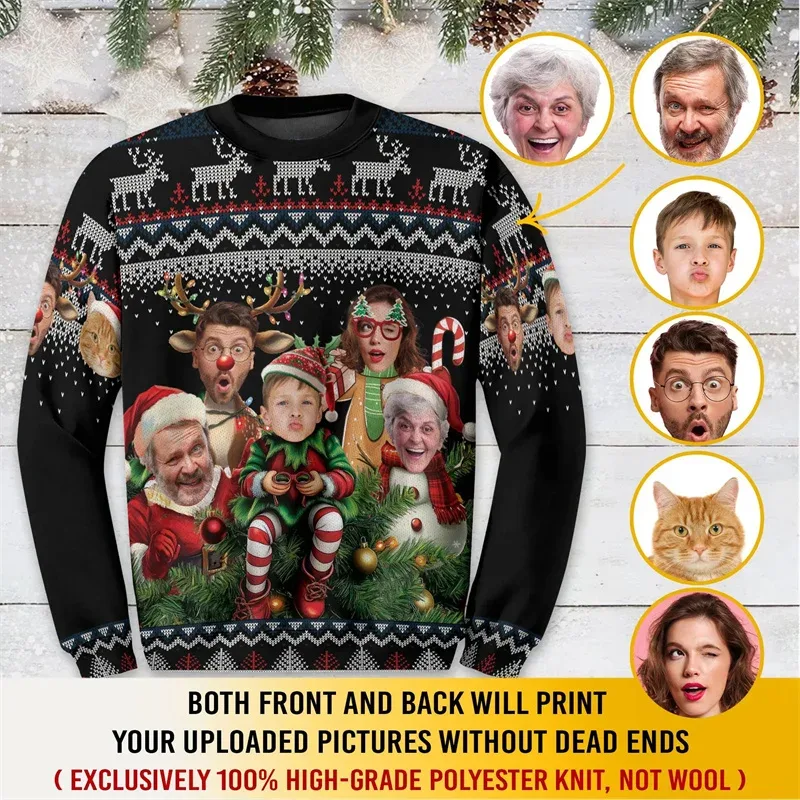Custom Family Photo Christmas Sweatshirt Personalized Face Picture Print Xmas Tree Ugly Christmas Long Sleeve Party Tops