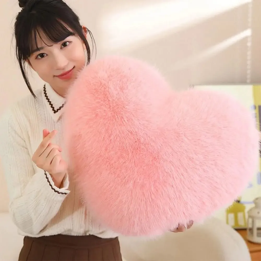 New Fur Heart Pillow Pink Color PP Cotton Heart Plush Pillow Fluffy Love Heart Shaped Stuffed Pillow for Birthday