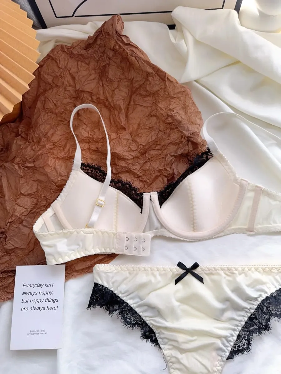 Satin Lace Lingerie Set for Women Push Up Bra & Briefs with Rabbit Ears Sensual Underwear