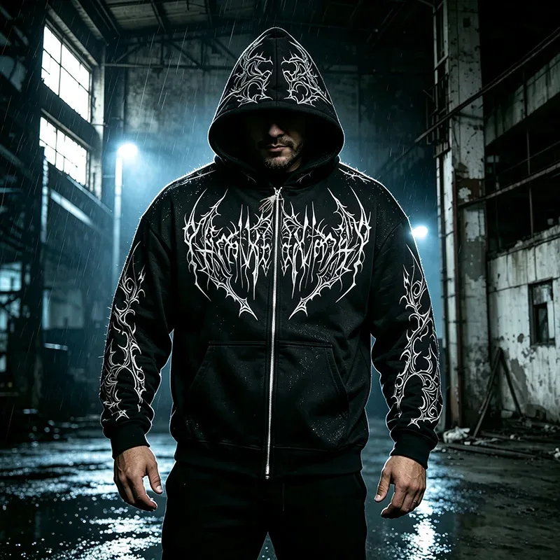 Men Alt Gothic Zip Up Hoodie Y2k High Street American Style Dark Thorn Print Fleece Lined Loose Biker Fall Winter Sweatshirt