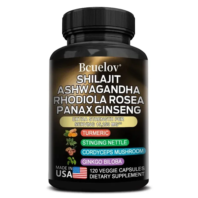 Capsule 8 in 1 di Shilajit Pure Himalaya con Ashwagandha Rhodiola e Panax Ginseng per supportare la salute delle articolazioni cerebrali e del sistema immunitario