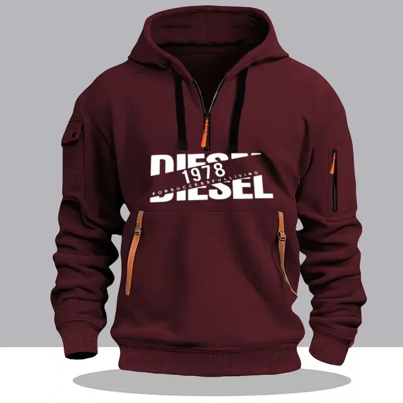 Men Casual Hooded Collar Drawstring Hoodies Sweatshirts Long Sleeve Shirts Outdoor Streetwear Lightweight Zipper Design Pullover