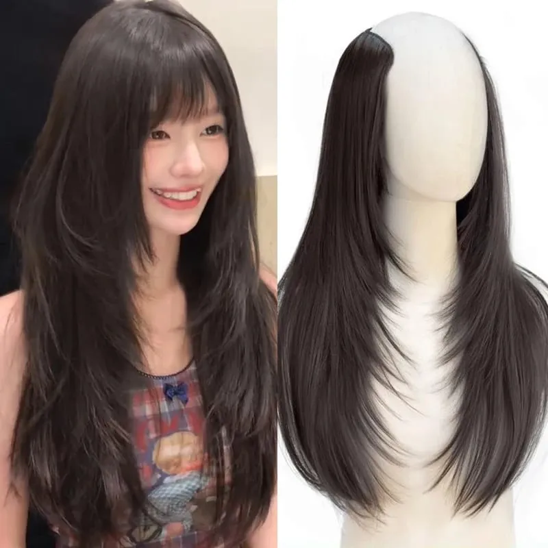 Clip in Hair Extensions Wig Synthetic Hairpiece High Layered Inward-Curled Hair Extensions with 5 Clips for Women Daily Use