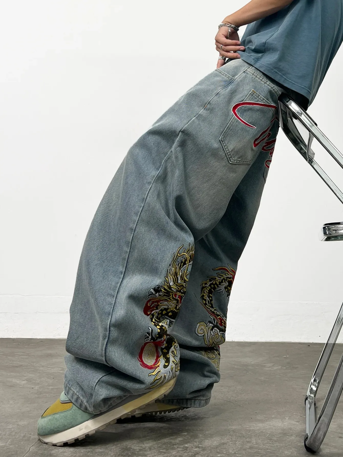 American Retro Dragon Art Embroidery Blue Baggy Jeans Men's Y2K Washed Street Hip-Hop Fashion Versatile Straight Wide-Leg Pants