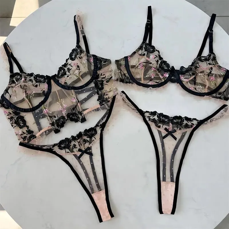 Clashing Sexy Flower Embroidery Εσώρουχα Γυναικεία Σετ Γυναικεία Σουτιέν Push up με σώβρακο Γυναικείο κοστούμι