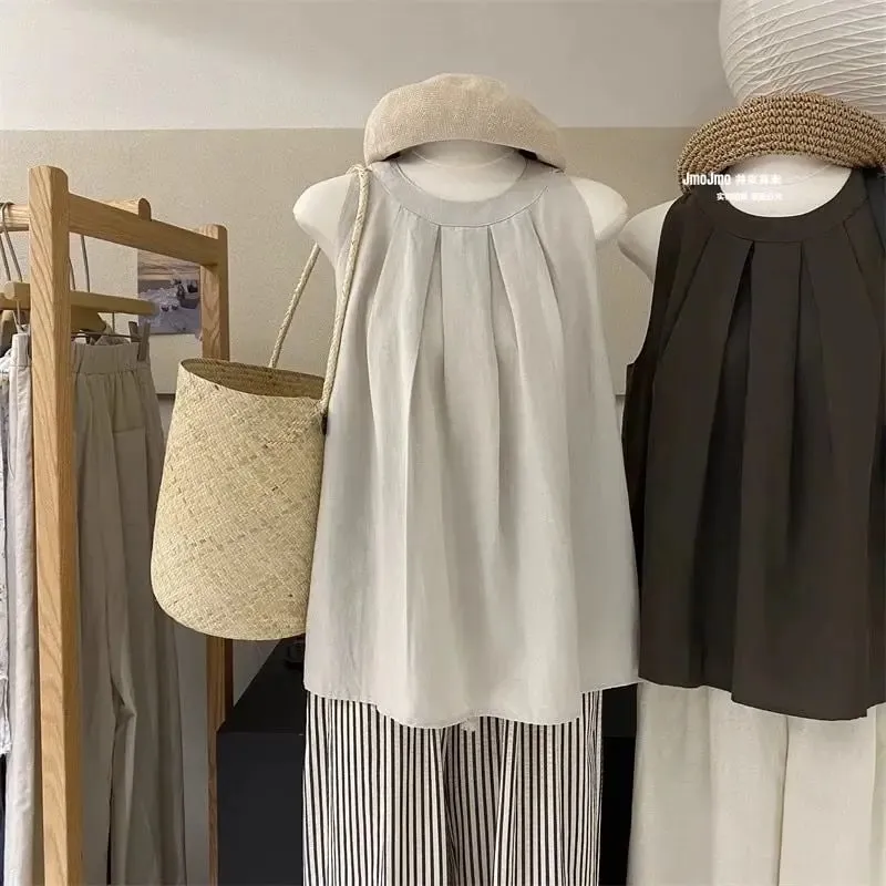 Magliette coreane larghe senza maniche con spalle scoperte Magliette Abbigliamento donna Nuova semplicità Magliette casual da strada per giovani Dolce tendenza estiva