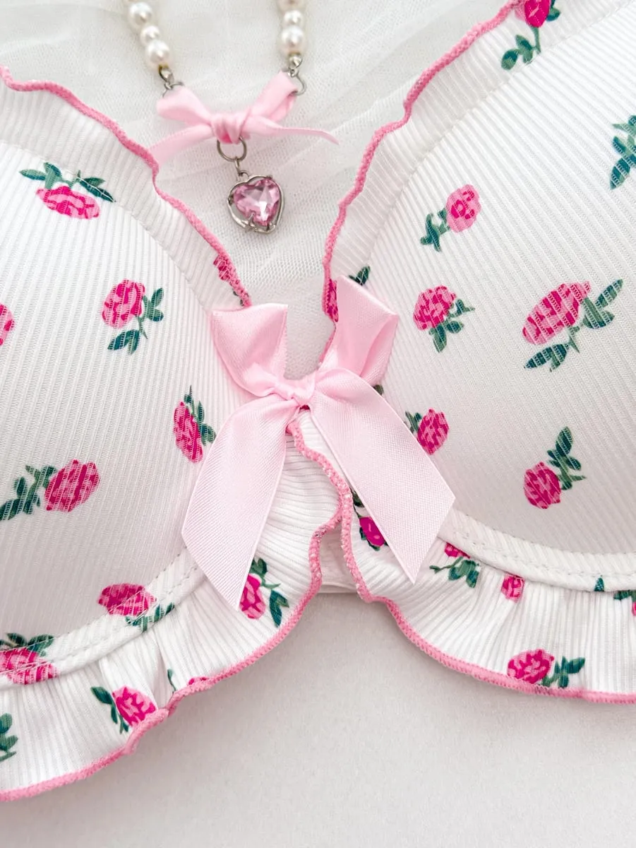 Cute Floral Pattern Women's Underwear Set Stylish Bow Ribbed Bra Soft Ladies Panties Ruffled Trim A B C D Cup Women's Bra