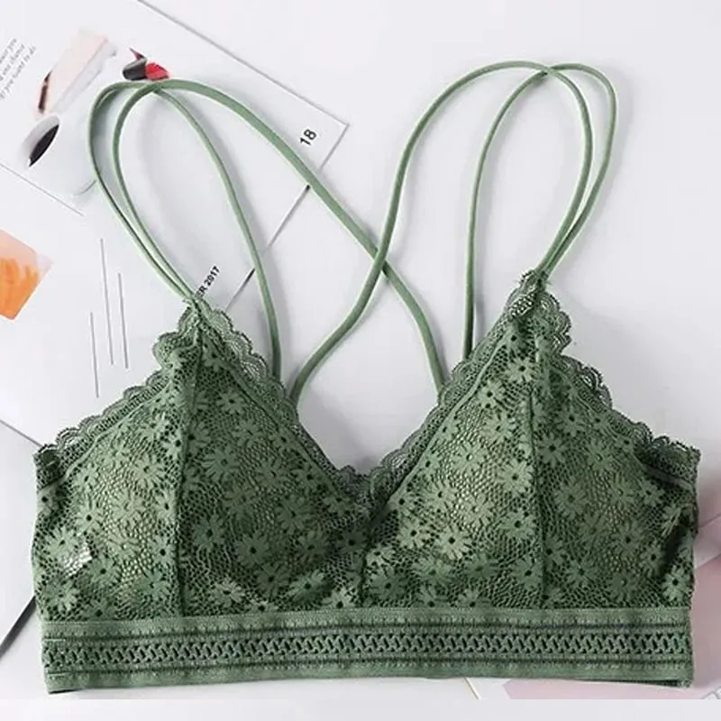 Women's Lace Lingerie Set Cross Shoulder Strap Without Steel Ring Bra Comfortable Support Underwear With Gathering Design