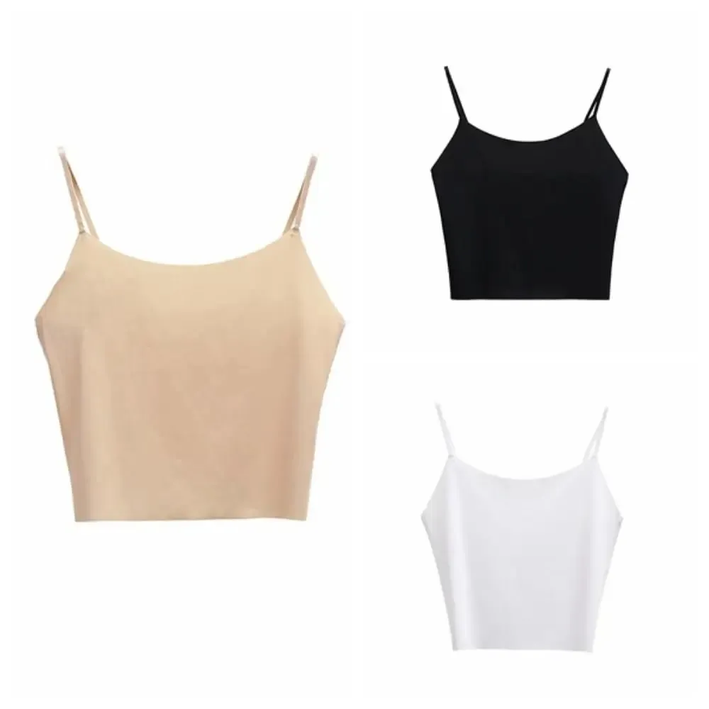 Thin Ice Silk Traceless Sling Tank Top Bralette Crop Tops Strap Skinny Vest Tops Solid Color Slim Fit Sleeveless Camisole Women