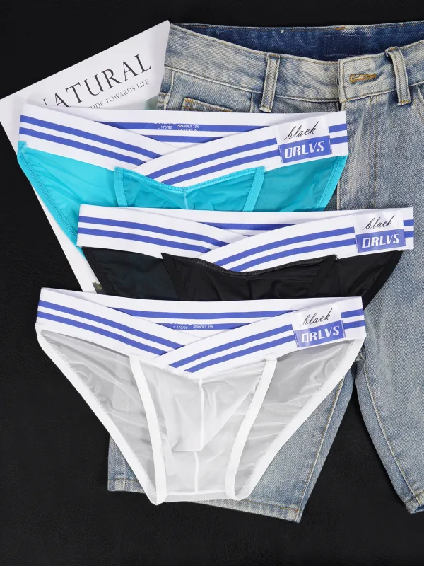 Men's Ice Silk Ultra-Thin Barely-There Mesh Sheer Briefs, Striped V-Shape Elastic Waistband Summer Daily Commute Underwear