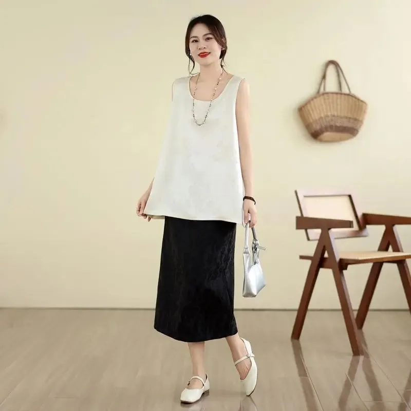 New Chinese Style Jacquard Satin Tank Top Middle Aged Women Loose U Neck Sleeveless Blouse Elegant Acetate Vest For Moms