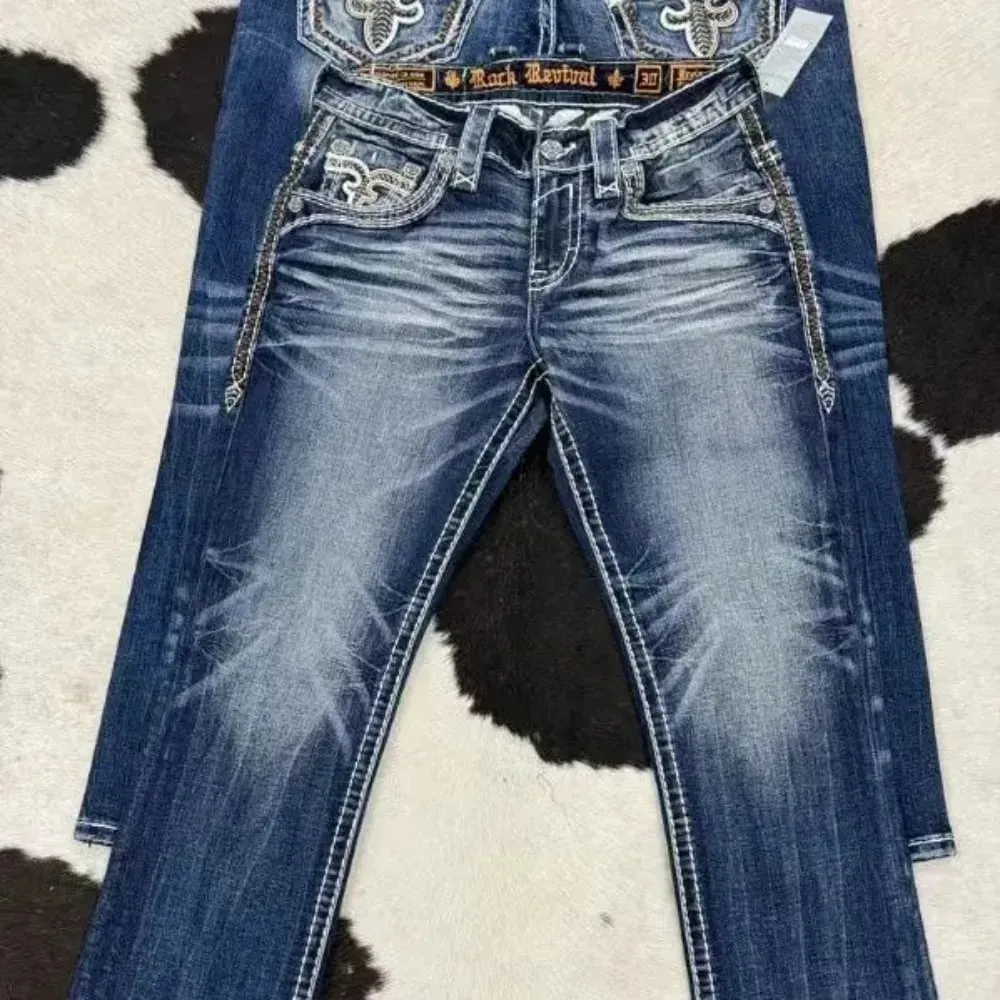 Retro trendy brand washed high elastic wide leg flared jeans Y2K summer blue embroidery American Gothic new fashion heavy street