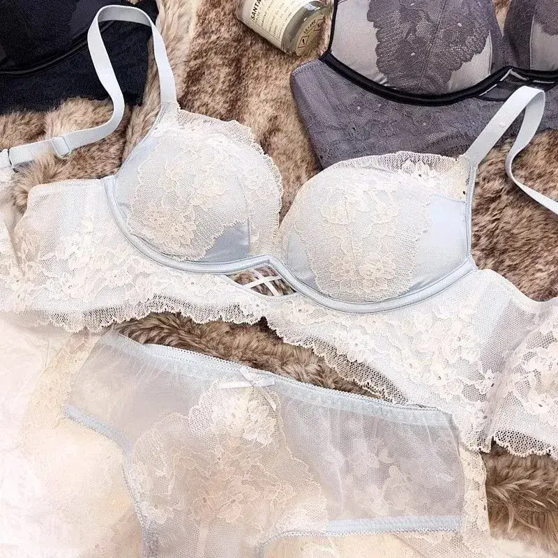 Lenceria Para Damas weiße Spitzen-BH- und Höschen-Sets für Damen, Push-Up, drahtlos, nahtloses Dessous-Set, schwarze, ausgehöhlte Unterwäsche